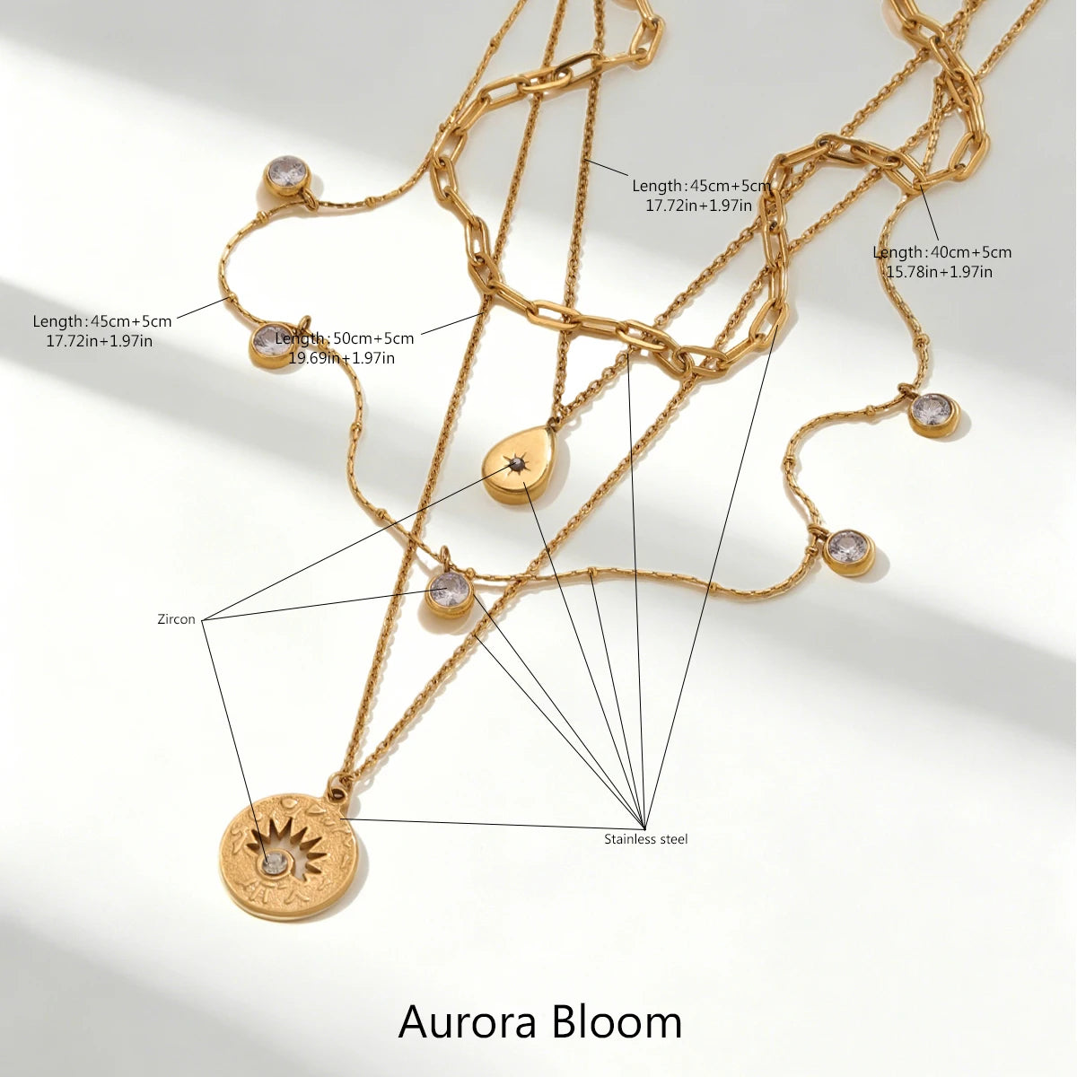 AURELIA - Set 4 Collane Vintage in Acciaio Dorato con Zirconi