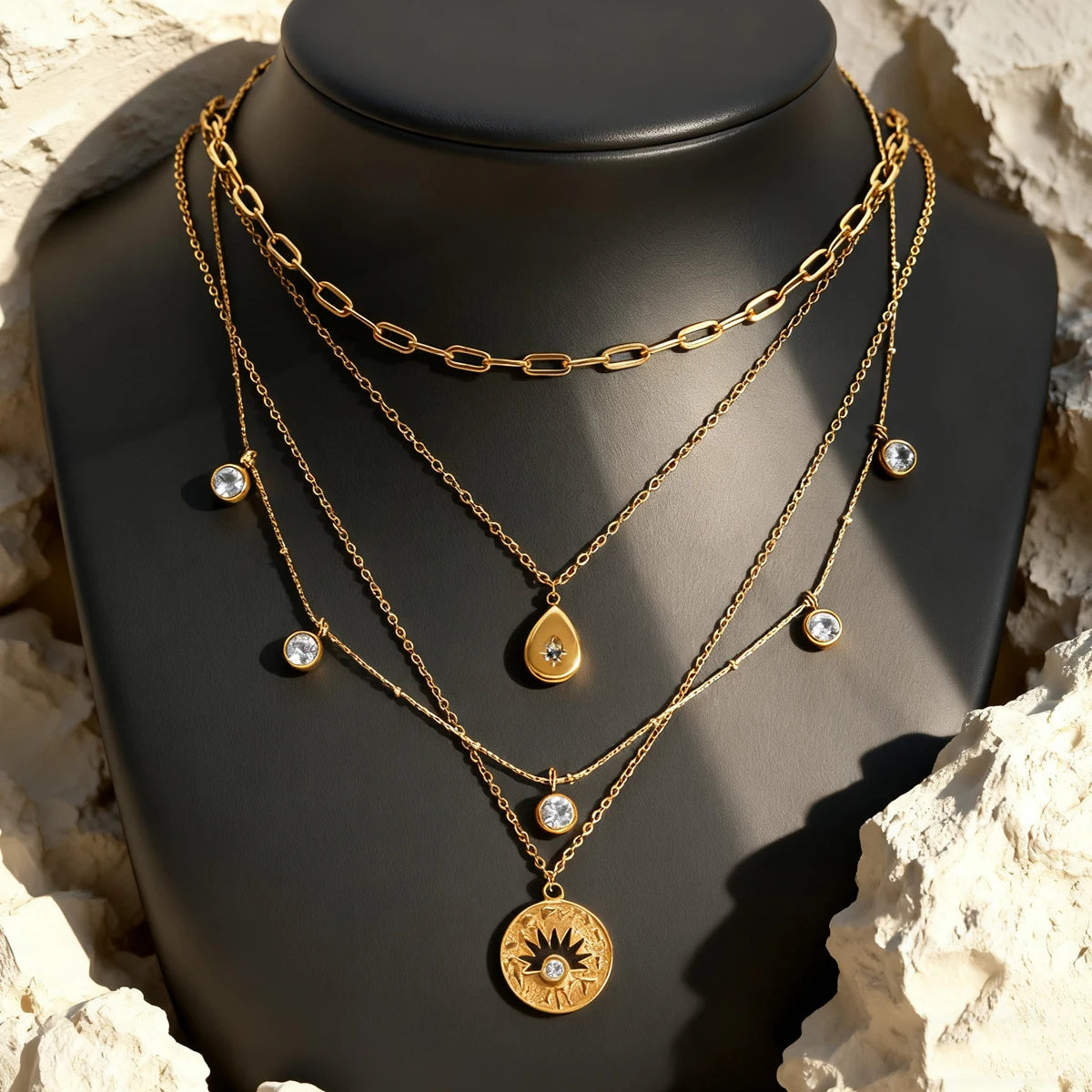 AURELIA - Set 4 Collane Vintage in Acciaio Dorato con Zirconi