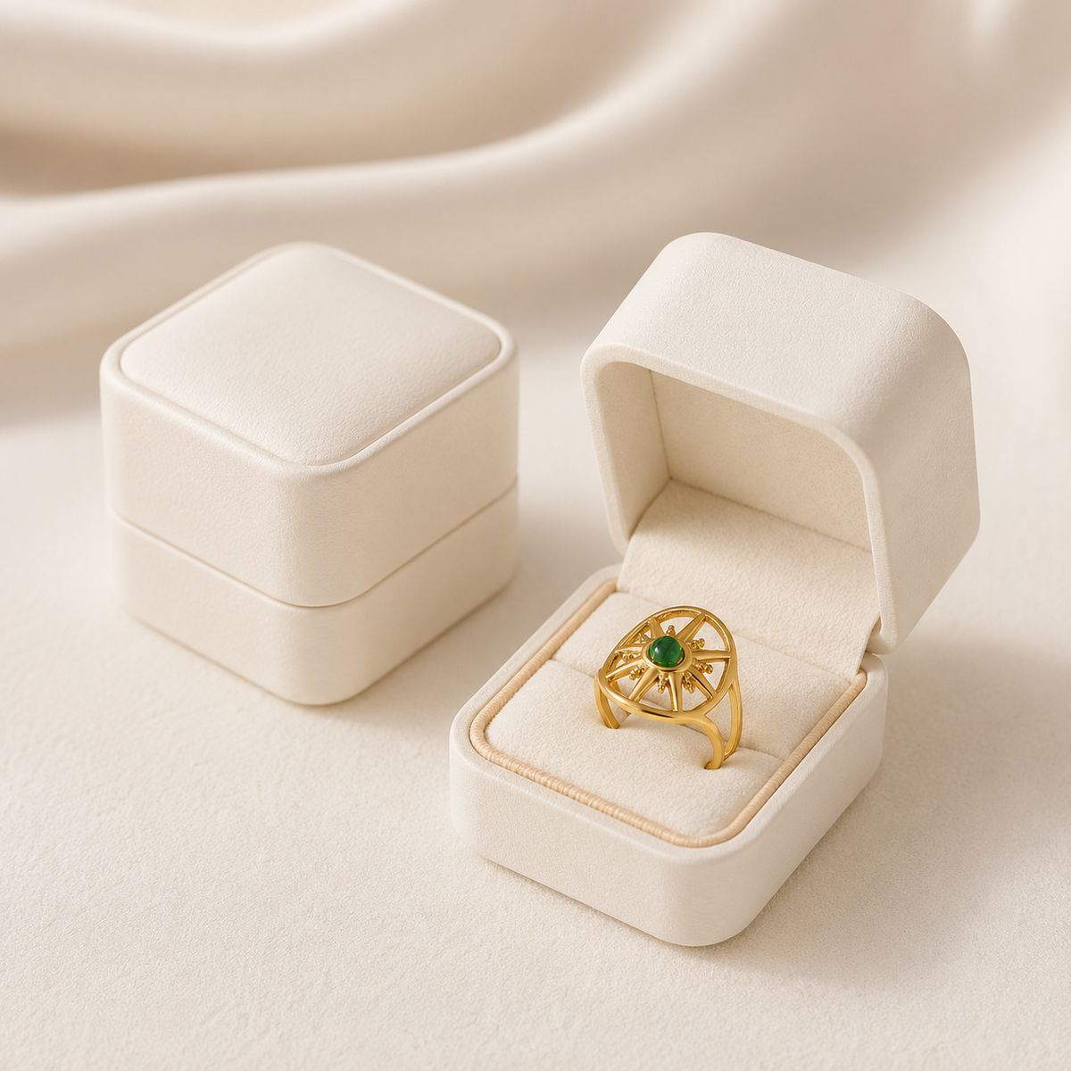 Malaki – Anello in acciaio anallergico placcato oro 18K con pietra verde tonalità malachite